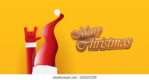 Vector Hipster Merry Christmas Rock n roll party horizontal banner or poster design . vector cartoon rock n roll Santa Claus character with calligraphic greeting text on orange background