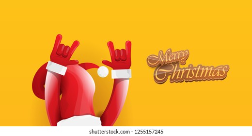 Vector Hipster Merry Christmas Rock n roll party horizontal banner or poster design . vector cartoon rock n roll Santa Claus character with calligraphic greeting text on orange background