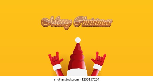 Vector Hipster Merry Christmas Rock n roll party horizontal banner or poster design . vector cartoon rock n roll Santa Claus character with calligraphic greeting text on orange background