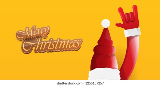 Vector Hipster Merry Christmas Rock n roll party horizontal banner or poster design . vector cartoon rock n roll Santa Claus character with calligraphic greeting text on orange background