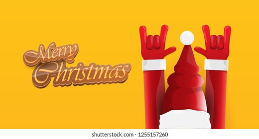 Vector Hipster Merry Christmas Rock n roll party horizontal banner or poster design . vector cartoon rock n roll Santa Claus character with calligraphic greeting text on orange background