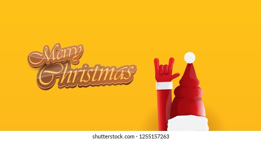 Vector Hipster Merry Christmas Rock n roll party horizontal banner or poster design . vector cartoon rock n roll Santa Claus character with calligraphic greeting text on orange background