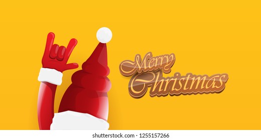 Vector Hipster Merry Christmas Rock n roll party horizontal banner or poster design . vector cartoon rock n roll Santa Claus character with calligraphic greeting text on orange background