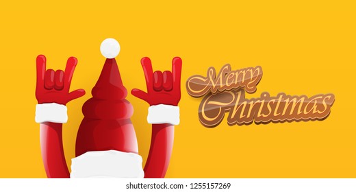 Vector Hipster Merry Christmas Rock n roll party horizontal banner or poster design . vector cartoon rock n roll Santa Claus character with calligraphic greeting text on orange background