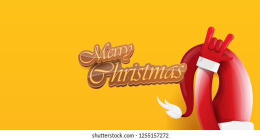 Vector Hipster Merry Christmas Rock n roll party horizontal banner or poster design . vector cartoon rock n roll Santa Claus character with calligraphic greeting text on orange background