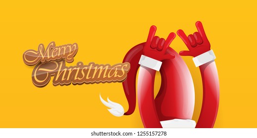 Vector Hipster Merry Christmas Rock n roll party horizontal banner or poster design . vector cartoon rock n roll Santa Claus character with calligraphic greeting text on orange background
