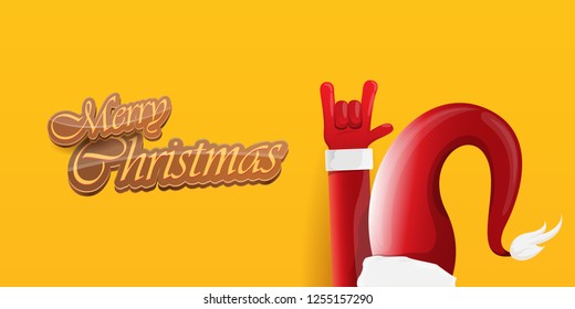 Vector Hipster Merry Christmas Rock n roll party horizontal banner or poster design . vector cartoon rock n roll Santa Claus character with calligraphic greeting text on orange background