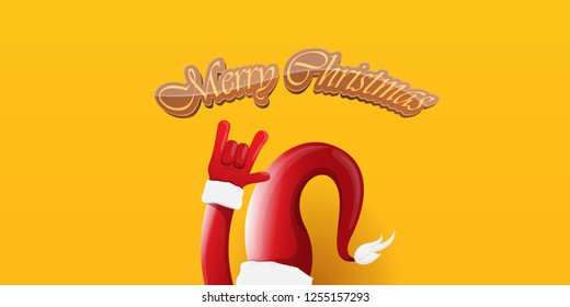 Vector Hipster Merry Christmas Rock n roll party horizontal banner or poster design . vector cartoon rock n roll Santa Claus character with calligraphic greeting text on orange background