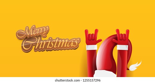 Vector Hipster Merry Christmas Rock n roll party horizontal banner or poster design . vector cartoon rock n roll Santa Claus character with calligraphic greeting text on orange background