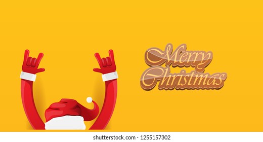 Vector Hipster Merry Christmas Rock n roll party horizontal banner or poster design . vector cartoon rock n roll Santa Claus character with calligraphic greeting text on orange background