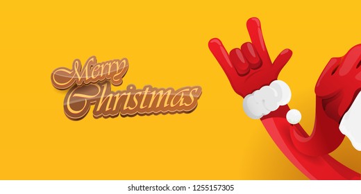 Vector Hipster Merry Christmas Rock n roll party horizontal banner or poster design . vector cartoon rock n roll Santa Claus character with calligraphic greeting text on orange background