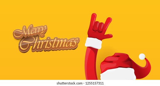 Vector Hipster Merry Christmas Rock n roll party horizontal banner or poster design . vector cartoon rock n roll Santa Claus character with calligraphic greeting text on orange background