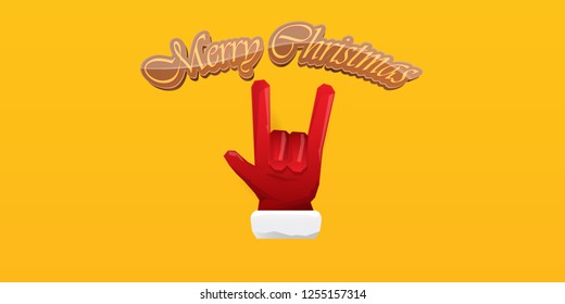 Vector Hipster Merry Christmas Rock n roll party horizontal banner or poster design . vector cartoon rock n roll Santa Claus character with calligraphic greeting text on orange background