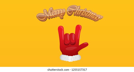 Vector Hipster Merry Christmas Rock n roll party horizontal banner or poster design . vector cartoon rock n roll Santa Claus character with calligraphic greeting text on orange background