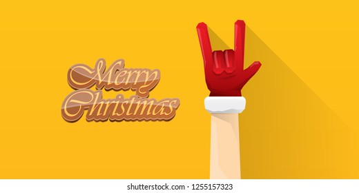 Vector Hipster Merry Christmas Rock n roll party horizontal banner or poster design . vector cartoon rock n roll Santa Claus character with calligraphic greeting text on orange background