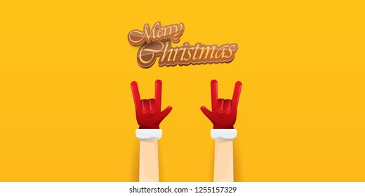 Vector Hipster Merry Christmas Rock n roll party horizontal banner or poster design . vector cartoon rock n roll Santa Claus character with calligraphic greeting text on orange background