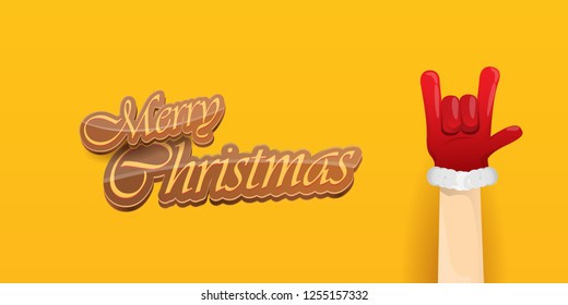 Vector Hipster Merry Christmas Rock n roll party horizontal banner or poster design . vector cartoon rock n roll Santa Claus character with calligraphic greeting text on orange background