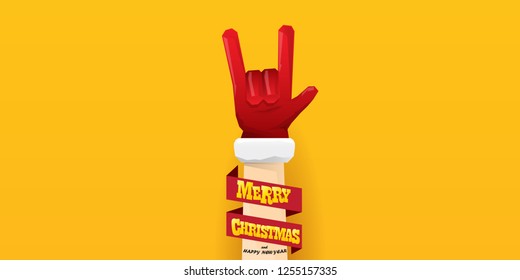 Vector Hipster Merry Christmas Rock n roll party horizontal banner or poster design . vector cartoon rock n roll Santa Claus character with calligraphic greeting text on orange background