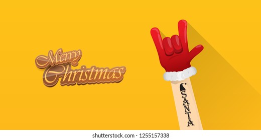Vector Hipster Merry Christmas Rock n roll party horizontal banner or poster design . vector cartoon rock n roll Santa Claus character with calligraphic greeting text on orange background