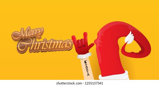 Vector Hipster Merry Christmas Rock n roll party horizontal banner or poster design . vector cartoon rock n roll Santa Claus character with calligraphic greeting text on orange background