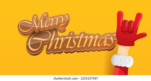 Vector Hipster Merry Christmas Rock n roll party horizontal banner or poster design . vector cartoon rock n roll Santa Claus character with calligraphic greeting text on orange background