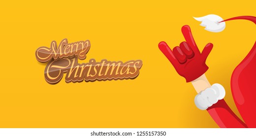 Vector Hipster Merry Christmas Rock n roll party horizontal banner or poster design . vector cartoon rock n roll Santa Claus character with calligraphic greeting text on orange background