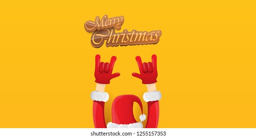 Vector Hipster Merry Christmas Rock n roll party horizontal banner or poster design . vector cartoon rock n roll Santa Claus character with calligraphic greeting text on orange background