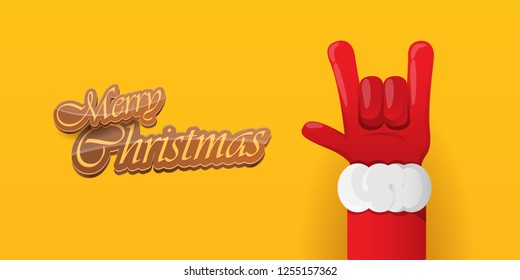 Vector Hipster Merry Christmas Rock n roll party horizontal banner or poster design . vector cartoon rock n roll Santa Claus character with calligraphic greeting text on orange background