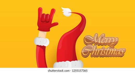 Vector Hipster Merry Christmas Rock n roll party horizontal banner or poster design . vector cartoon rock n roll Santa Claus character with calligraphic greeting text on orange background