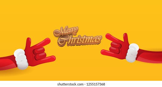 Vector Hipster Merry Christmas Rock n roll party horizontal banner or poster design . vector cartoon rock n roll Santa Claus character with calligraphic greeting text on orange background