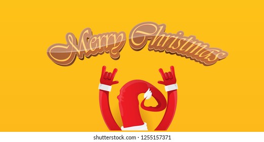 Vector Hipster Merry Christmas Rock n roll party horizontal banner or poster design . vector cartoon rock n roll Santa Claus character with calligraphic greeting text on orange background