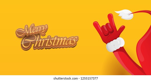 Vector Hipster Merry Christmas Rock n roll party horizontal banner or poster design . vector cartoon rock n roll Santa Claus character with calligraphic greeting text on orange background