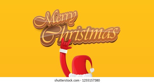 Vector Hipster Merry Christmas Rock n roll party horizontal banner or poster design . vector cartoon rock n roll Santa Claus character with calligraphic greeting text on orange background