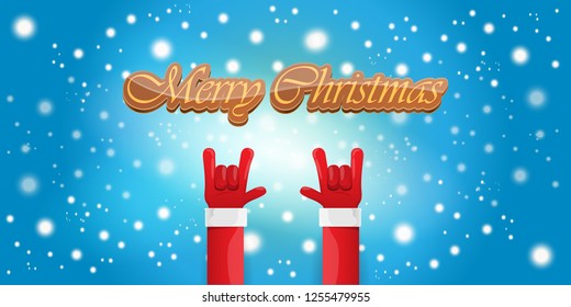 Vector Hipster Merry Christmas Rock n roll party horizontal banner or poster design . vector cartoon rock n roll Santa Claus character with calligraphic greeting text on space blue background