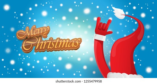 Vector Hipster Merry Christmas Rock n roll party horizontal banner or poster design . vector cartoon rock n roll Santa Claus character with calligraphic greeting text on space blue background