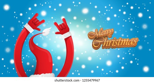 Vector Hipster Merry Christmas Rock n roll party horizontal banner or poster design . vector cartoon rock n roll Santa Claus character with calligraphic greeting text on space blue background