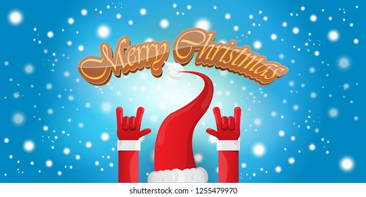 Vector Hipster Merry Christmas Rock n roll party horizontal banner or poster design . vector cartoon rock n roll Santa Claus character with calligraphic greeting text on space blue background