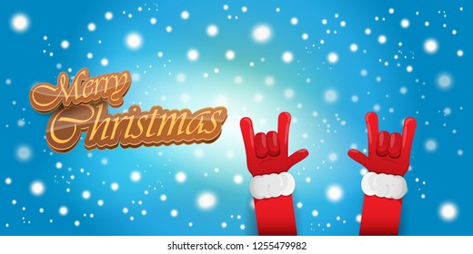 Vector Hipster Merry Christmas Rock n roll party horizontal banner or poster design . vector cartoon rock n roll Santa Claus character with calligraphic greeting text on space blue background