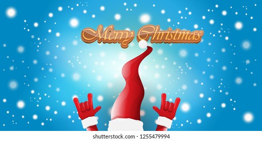 Vector Hipster Merry Christmas Rock n roll party horizontal banner or poster design . vector cartoon rock n roll Santa Claus character with calligraphic greeting text on space blue background