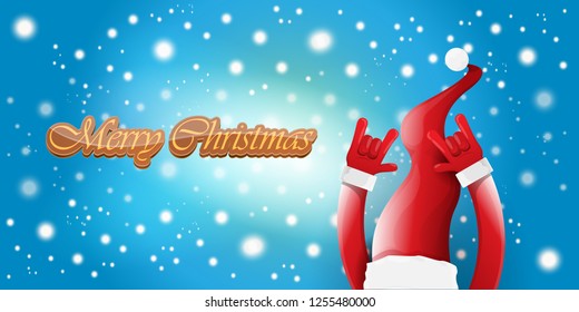 Vector Hipster Merry Christmas Rock n roll party horizontal banner or poster design . vector cartoon rock n roll Santa Claus character with calligraphic greeting text on space blue background
