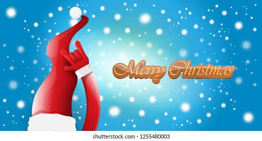 Vector Hipster Merry Christmas Rock n roll party horizontal banner or poster design . vector cartoon rock n roll Santa Claus character with calligraphic greeting text on space blue background