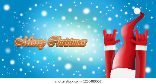 Vector Hipster Merry Christmas Rock n roll party horizontal banner or poster design . vector cartoon rock n roll Santa Claus character with calligraphic greeting text on space blue background