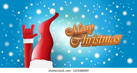 Vector Hipster Merry Christmas Rock n roll party horizontal banner or poster design . vector cartoon rock n roll Santa Claus character with calligraphic greeting text on space blue background