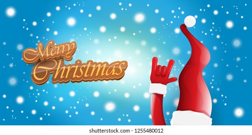 Vector Hipster Merry Christmas Rock n roll party horizontal banner or poster design . vector cartoon rock n roll Santa Claus character with calligraphic greeting text on space blue background