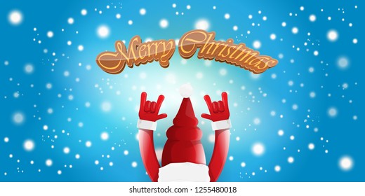 Vector Hipster Merry Christmas Rock n roll party horizontal banner or poster design . vector cartoon rock n roll Santa Claus character with calligraphic greeting text on space blue background
