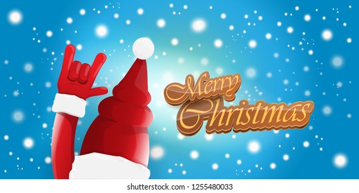 Vector Hipster Merry Christmas Rock n roll party horizontal banner or poster design . vector cartoon rock n roll Santa Claus character with calligraphic greeting text on space blue background