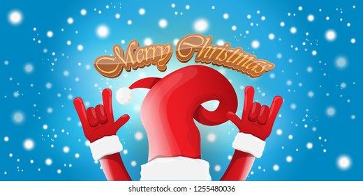 Vector Hipster Merry Christmas Rock n roll party horizontal banner or poster design . vector cartoon rock n roll Santa Claus character with calligraphic greeting text on space blue background