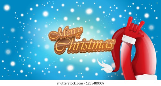 Vector Hipster Merry Christmas Rock n roll party horizontal banner or poster design . vector cartoon rock n roll Santa Claus character with calligraphic greeting text on space blue background