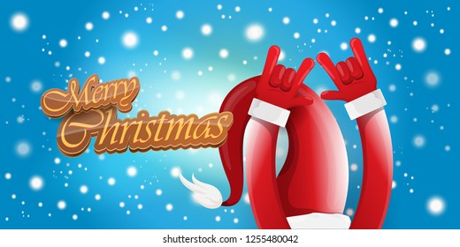 Vector Hipster Merry Christmas Rock n roll party horizontal banner or poster design . vector cartoon rock n roll Santa Claus character with calligraphic greeting text on space blue background