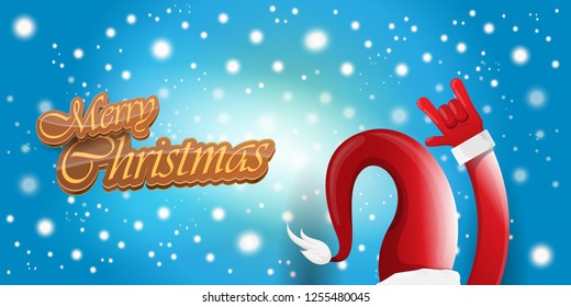 Vector Hipster Merry Christmas Rock n roll party horizontal banner or poster design . vector cartoon rock n roll Santa Claus character with calligraphic greeting text on space blue background